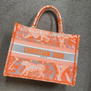 Dior Vibrant Orange Book Tote Embroidered Canvas Medium